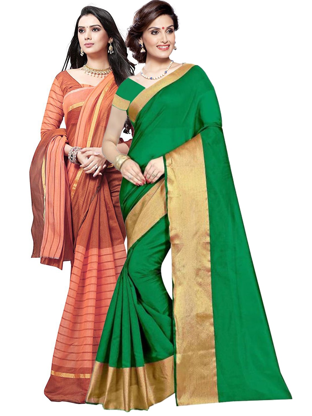 

Florence Pack of 2 Green & Peach-Coloured Striped Silk Cotton Sarees