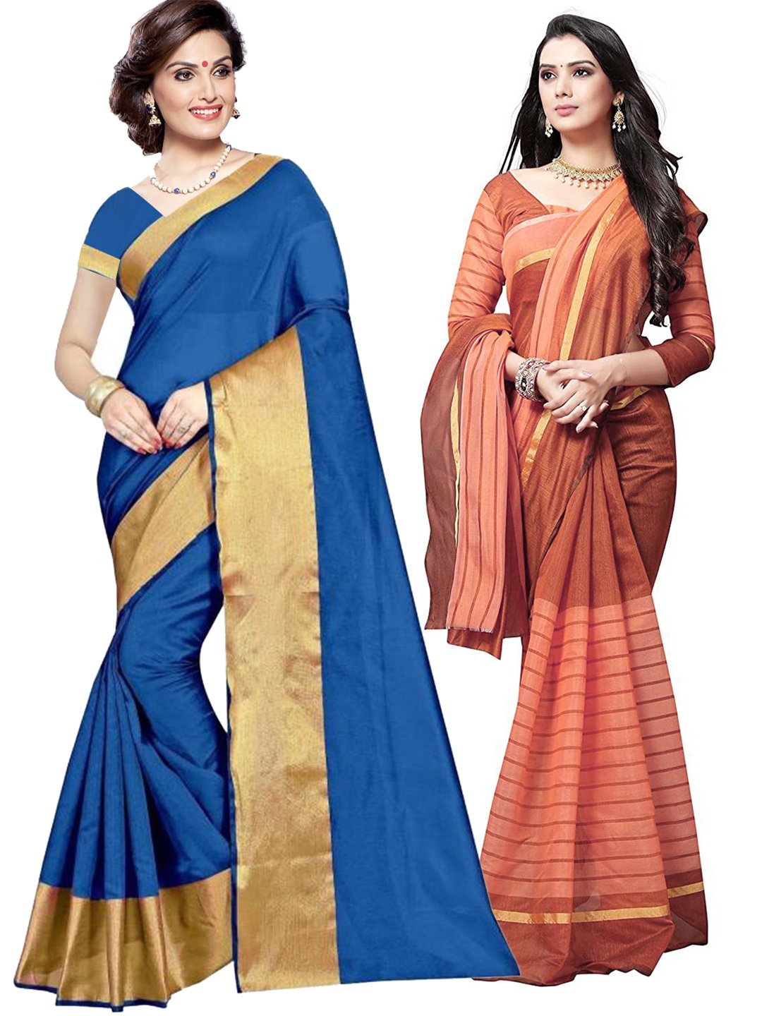 

Florence Blue & Peach-Coloured Striped Silk Cotton Saree