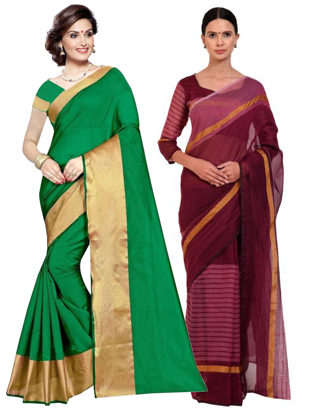 

Florence Pack of 2 Green & Burgundy Zari Silk Cotton Sarees