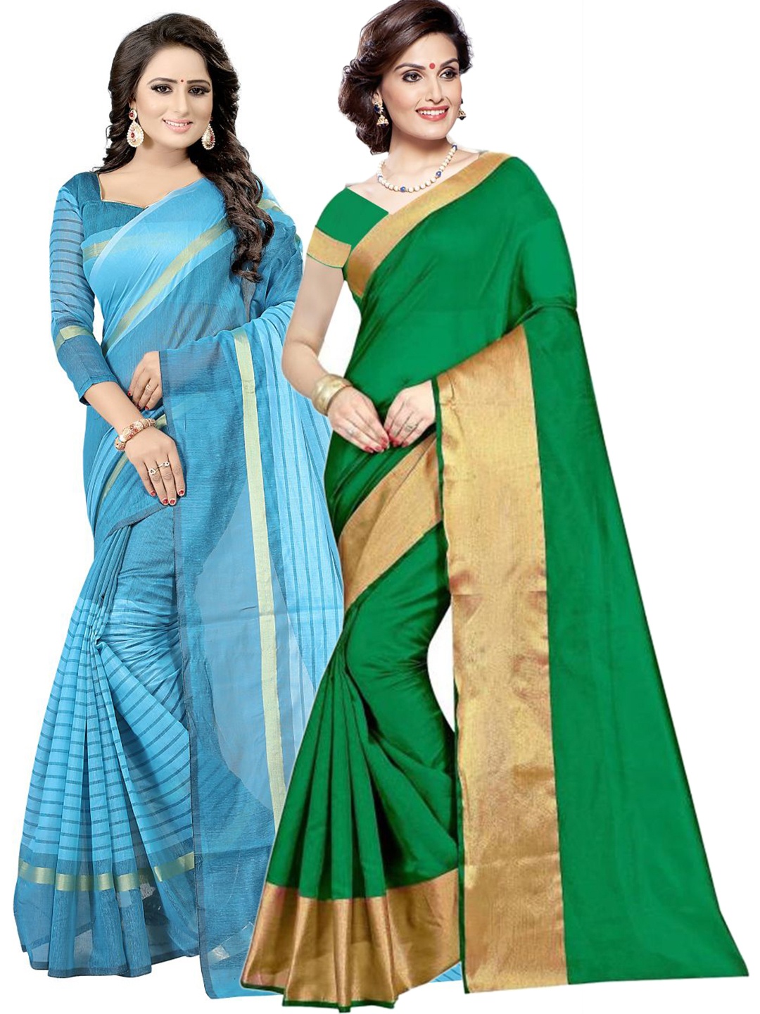 

Florence Green & Turquoise Blue Striped Silk Cotton Saree Pack Of 2