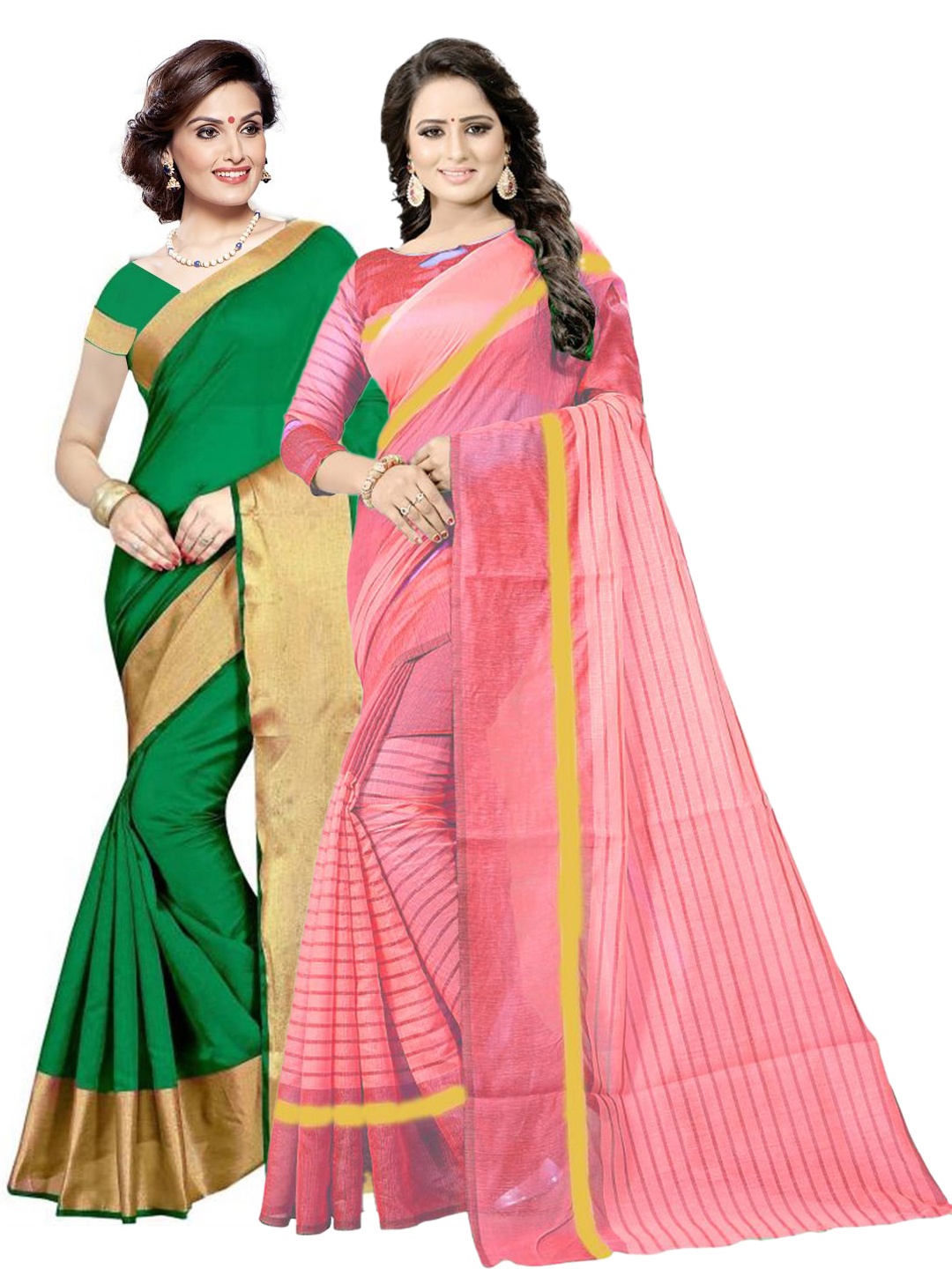 

Florence Pack of 2 Green & Peach-Coloured Zari Silk Cotton Sarees