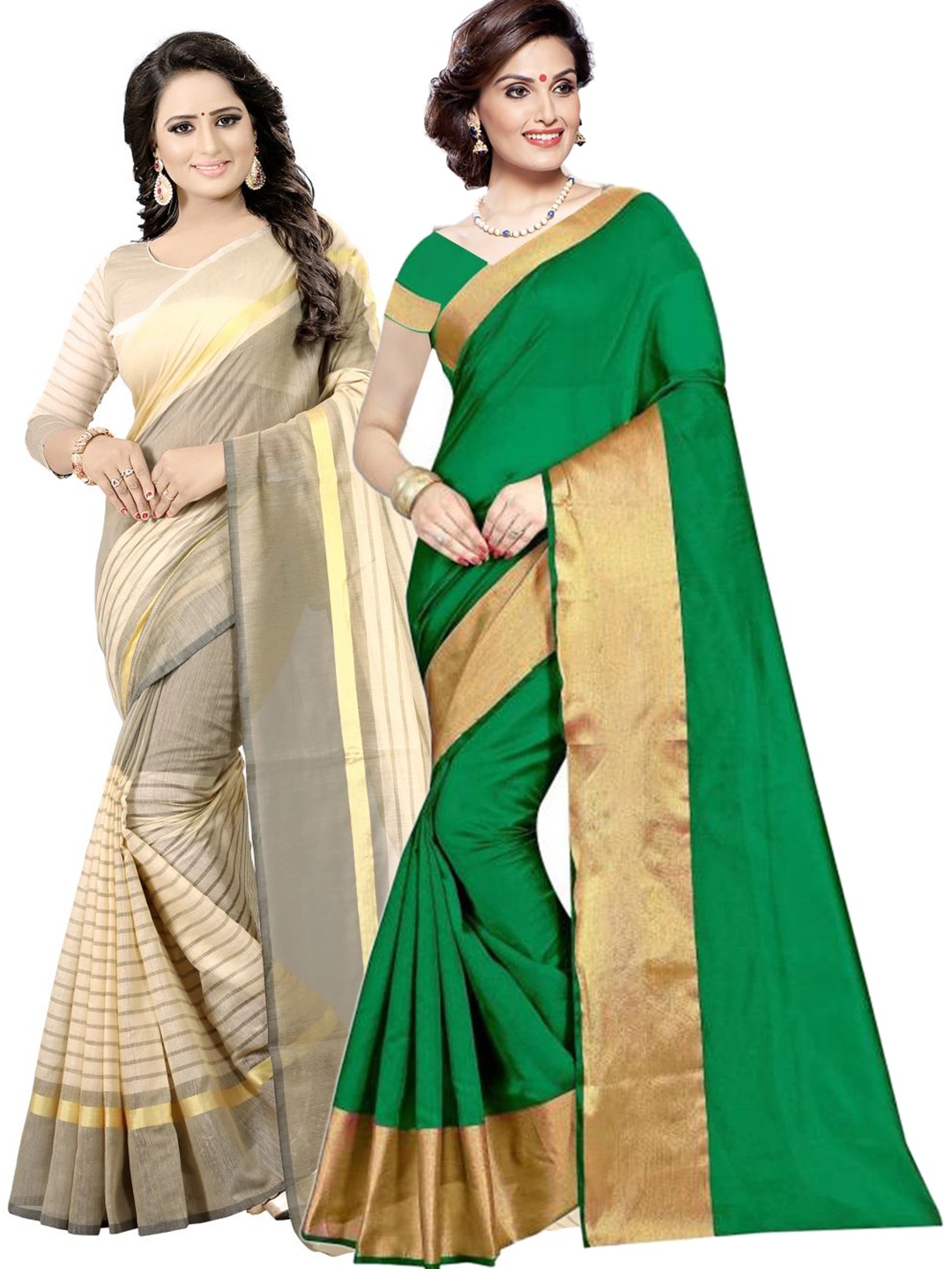 

Florence Pack of 2 Green & Cream-Coloured Striped Silk Cotton Sarees