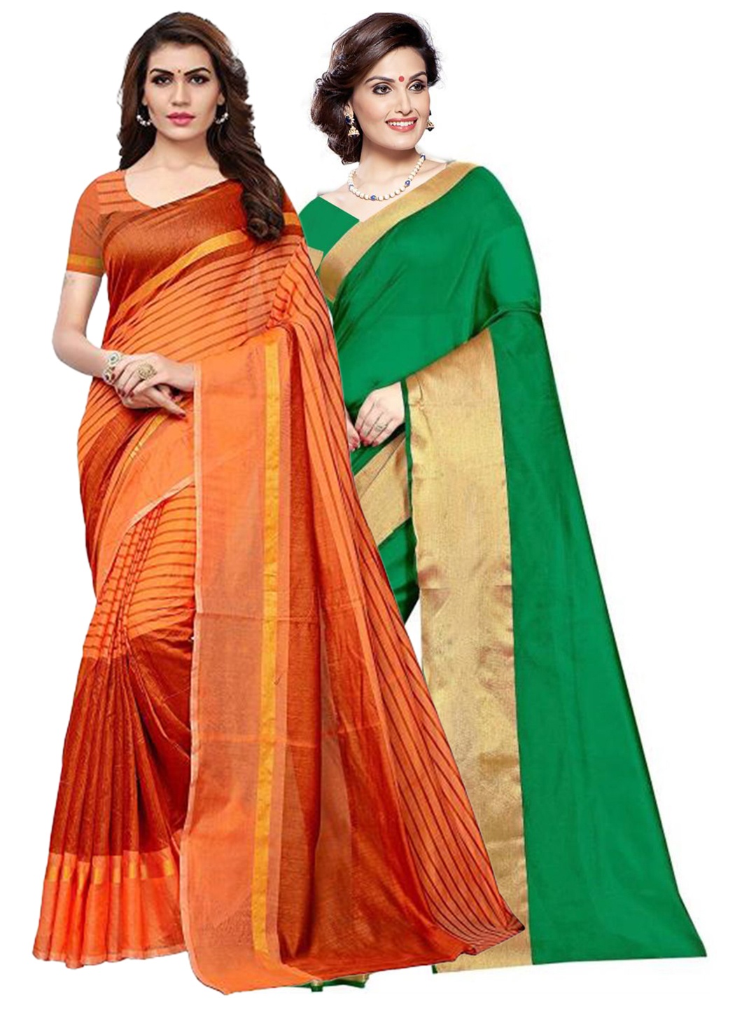 

Florence Pack of 2 Green & Orange Zari Silk Cotton Sarees