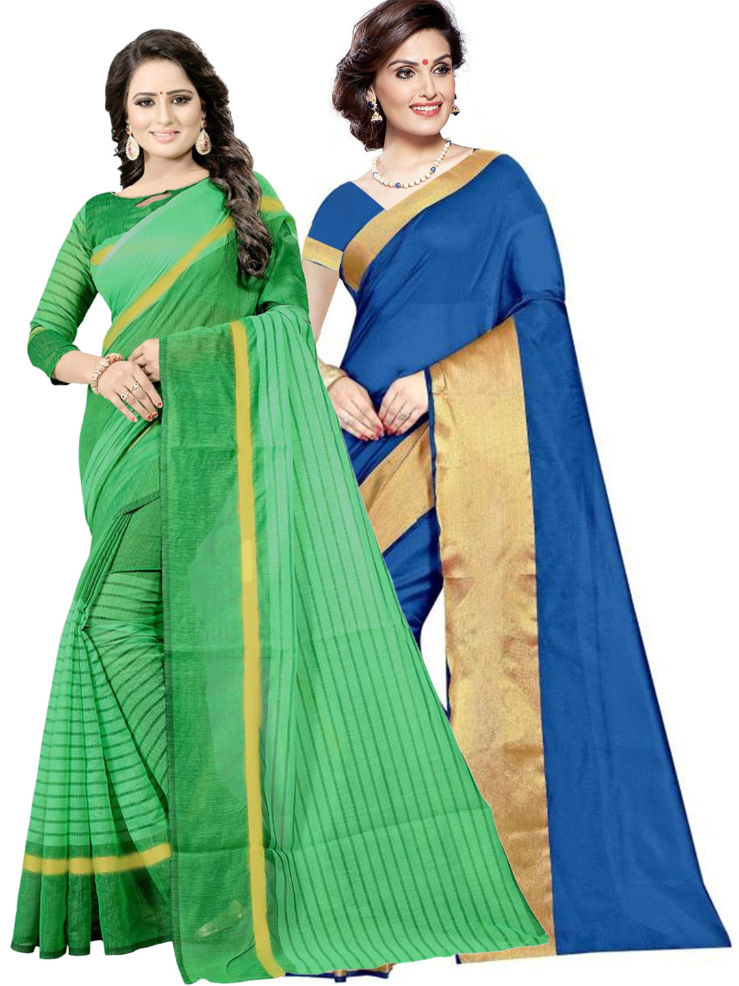 

Florence Blue & Green Striped Silk Cotton Saree Pack Of 2
