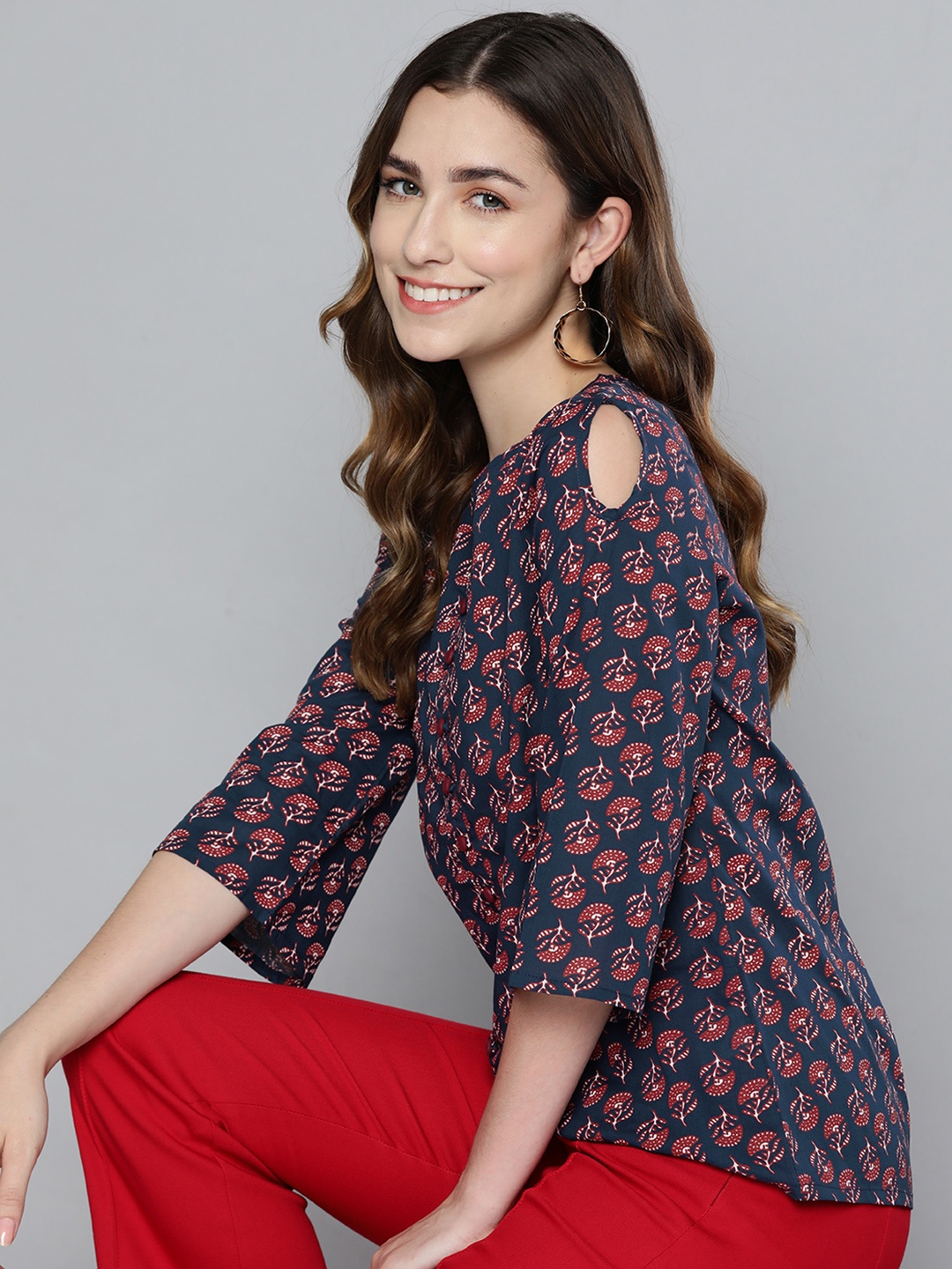 

HERE&NOW Women Navy Blue & Maroon Printed Top