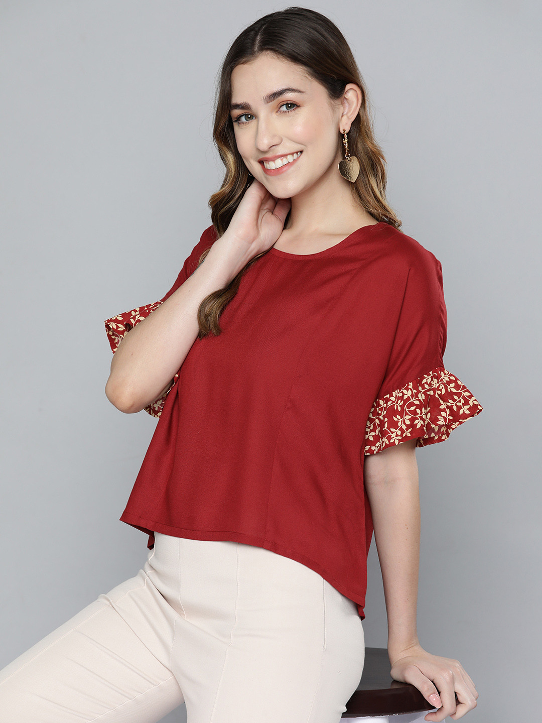 

HERE&NOW Women Red Solid Ruffles Top