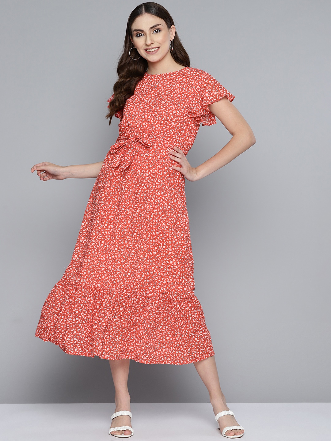 

HERE&NOW Peach-Coloured & White Ditsy Floral A-Line Midi Dress