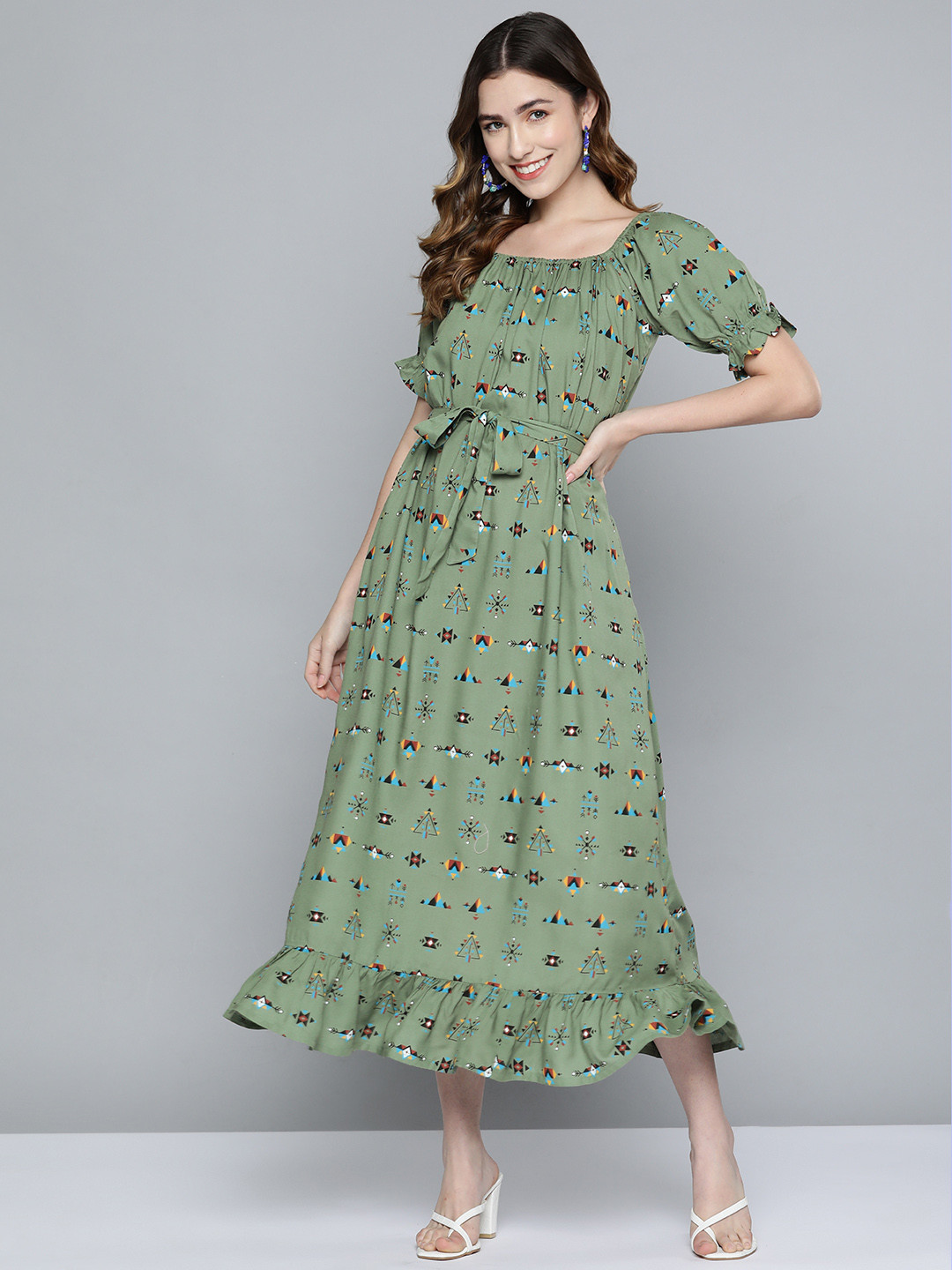 

HERE&NOW Women Olive Green & Navy Blue Printed A-Line Dress