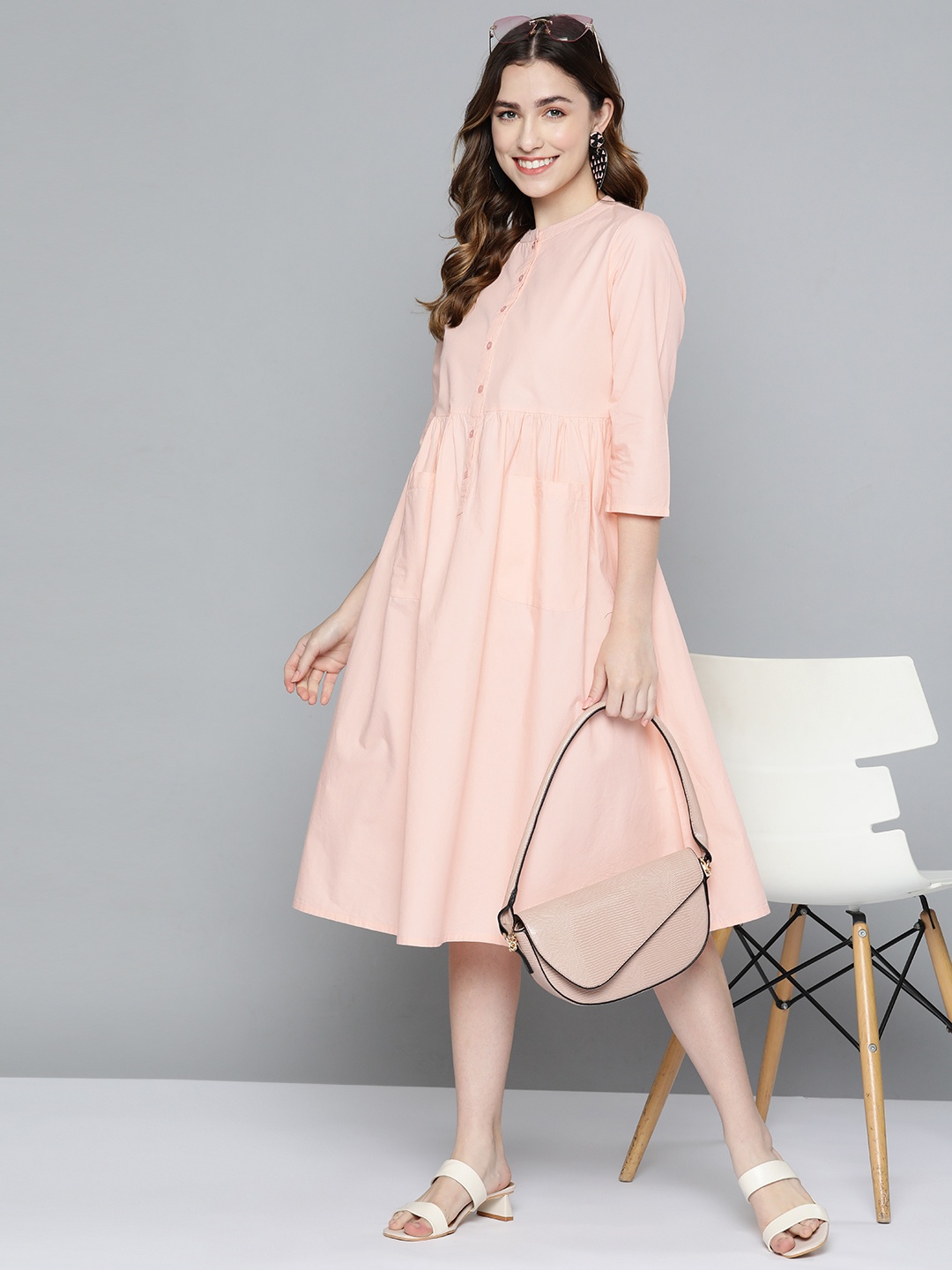 

HERE&NOW Women Peach-Coloured Solid Pure Cotton A-Line Midi Dress