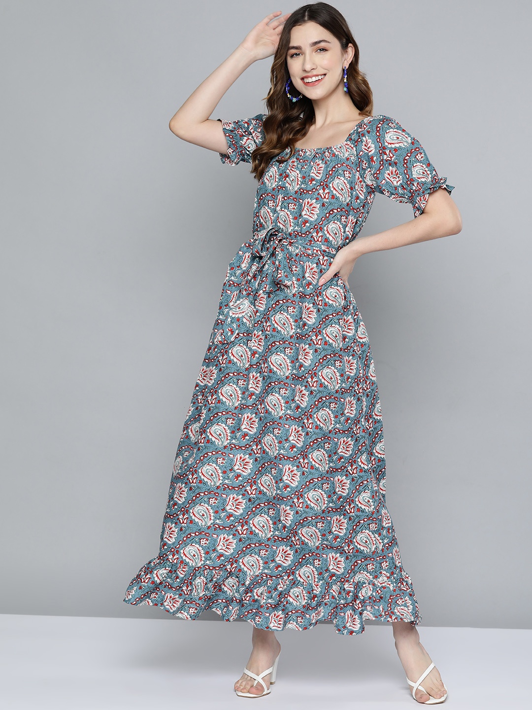 

HERE&NOW Women Blue & White Ethnic Motifs A-Line Dress with Belt