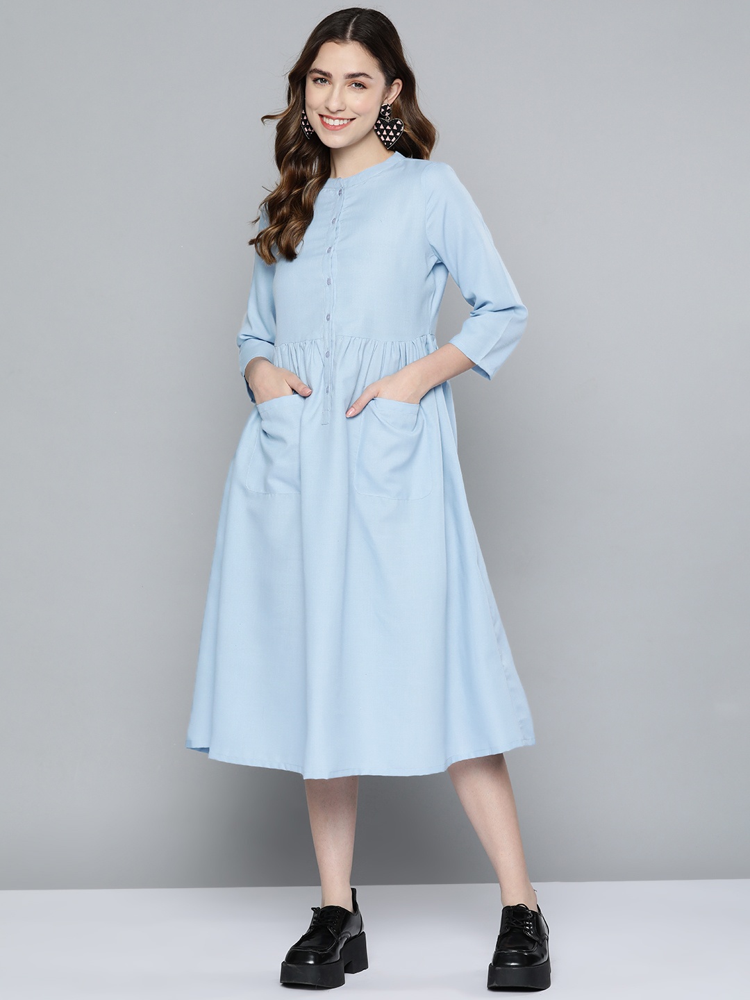 

HERE&NOW Women Blue Solid Pure Cotton A-Line Midi Dress