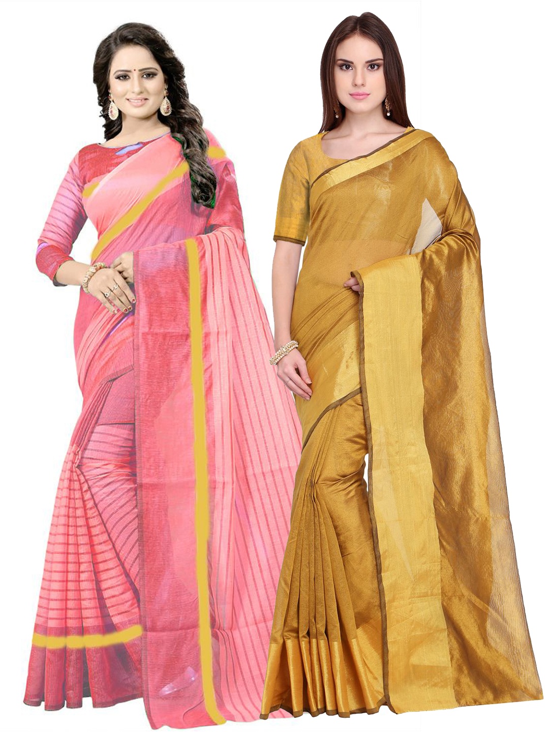 

Florence Pack of 2 Golden & Peach-Coloured Zari Silk Cotton Sarees, Gold