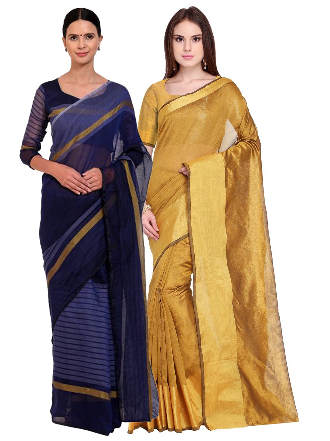

Florence Pack of 2 Gold-Toned & Navy Blue Striped Silk Cotton Sarees