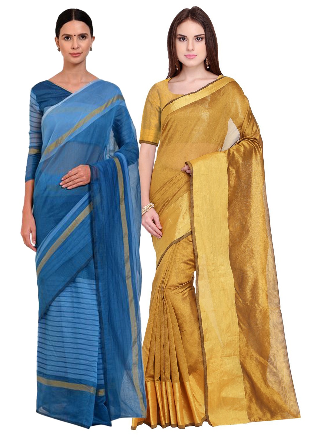 

Florence Pack of 2 Golden & Blue Zari Silk Cotton Sarees, Gold
