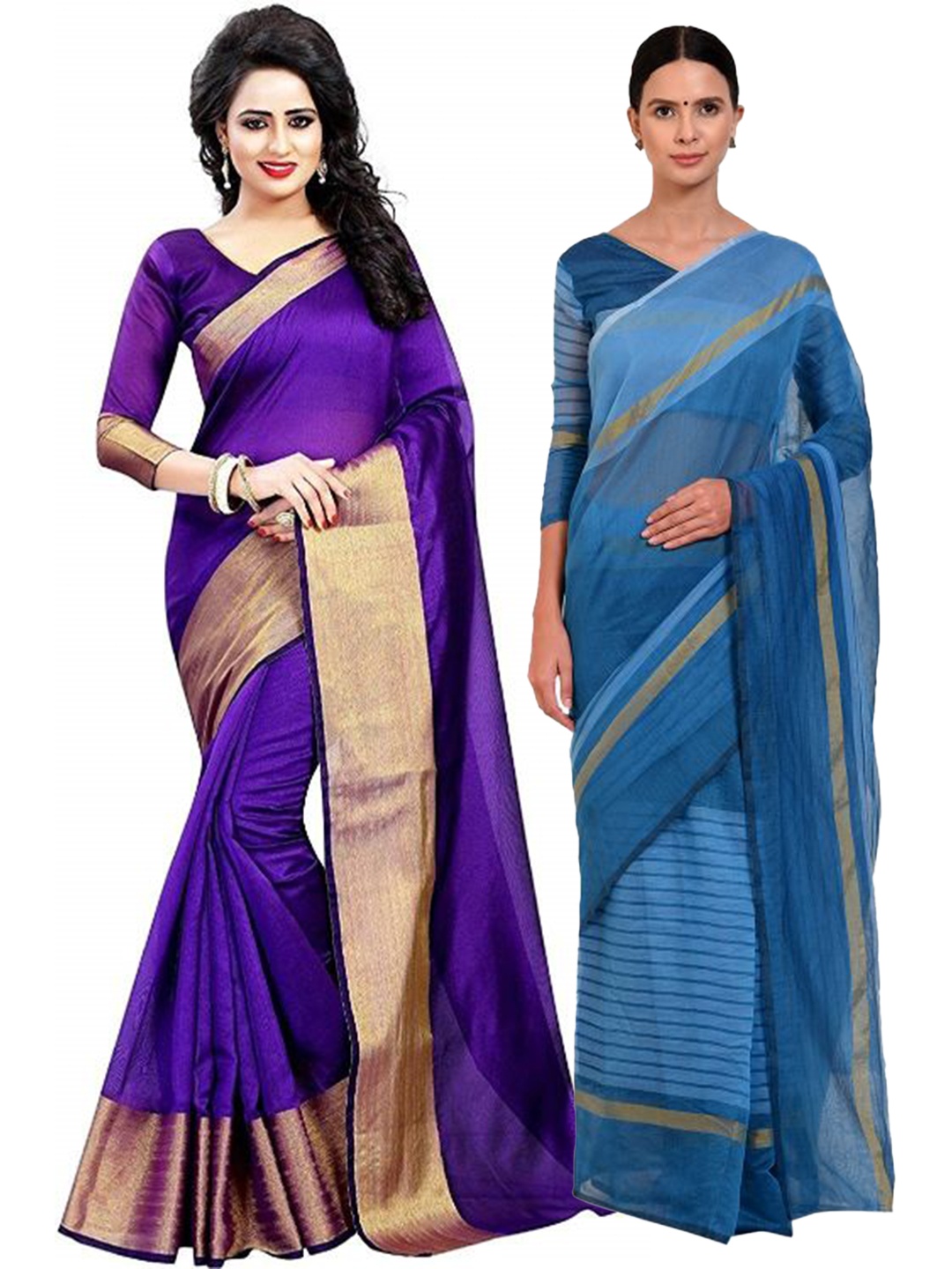 

Florence Pack of 2 Purple & Turquoise Blue Striped Silk Cotton Sarees