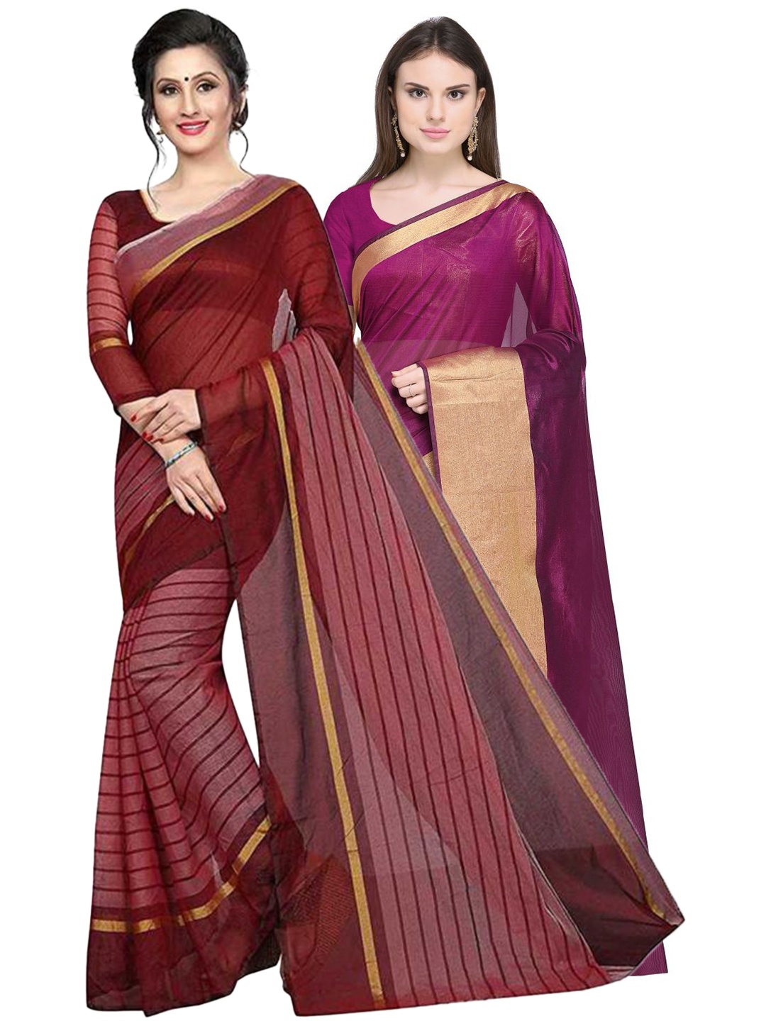 

Florence Pack of 2 Maroon & Gold-Toned Striped Silk Cotton Sarees