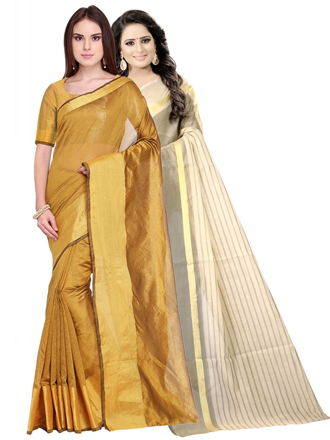 

Florence Pack of 2 Golden & Cream-Coloured Zari Silk Cotton Sarees, Gold