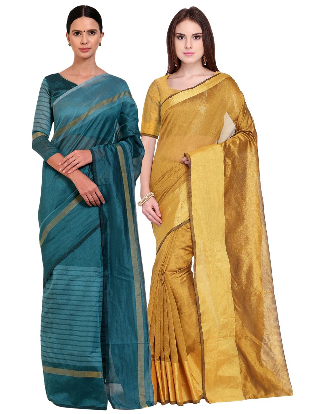 

Florence Gold-Toned & Teal Striped Silk Cotton Saree