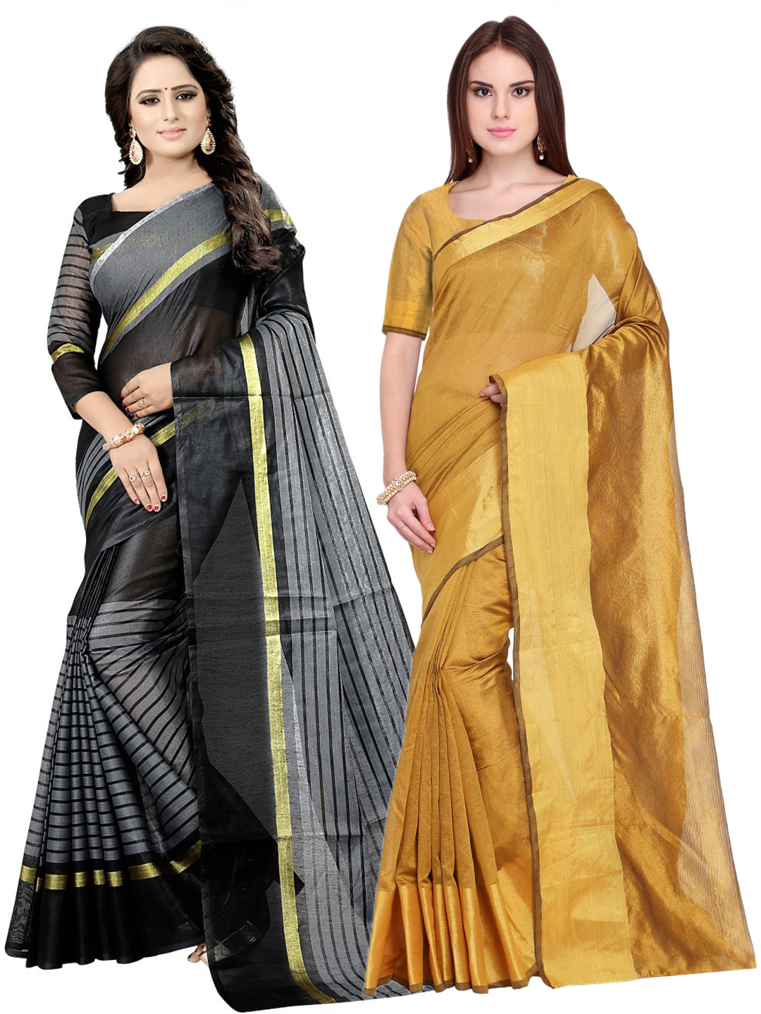 

Florence Pack of 2 Golden & Black Zari Silk Cotton Sarees, Gold