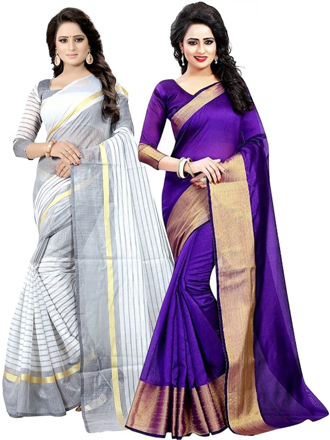 

Florence Pack of 2 Purple & White Zari Silk Cotton Sarees
