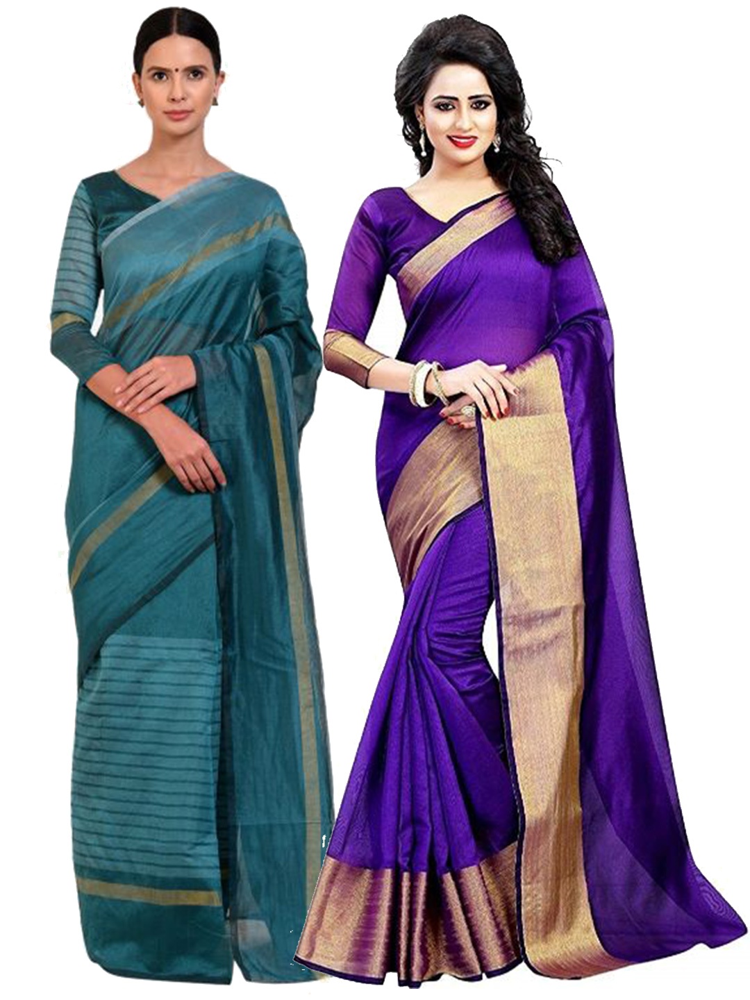 

Florence Pack of 2 Purple & Teal Blue Zari Silk Cotton Sarees