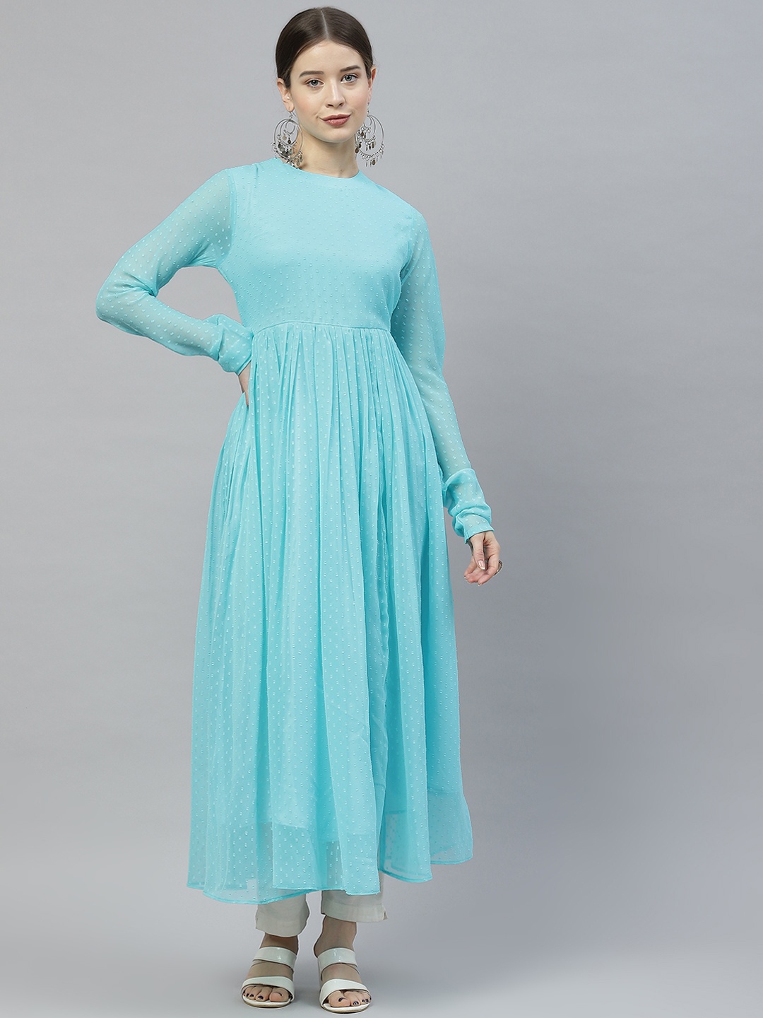 

MBE Women Blue Dobby Weave Anarkali Kurta