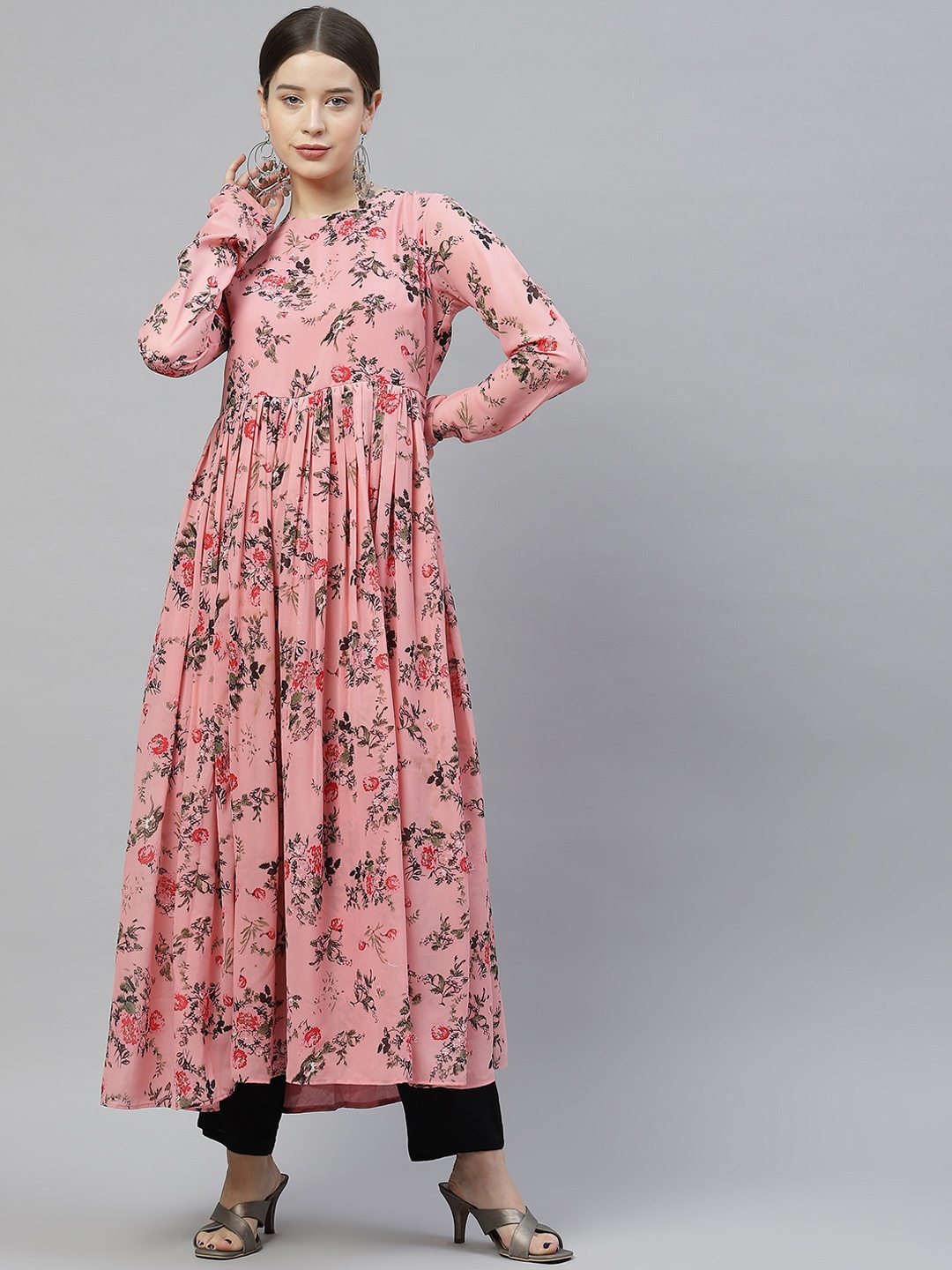 

MBE Women Pink & Black Floral Printed Floral Anarkali Kurta
