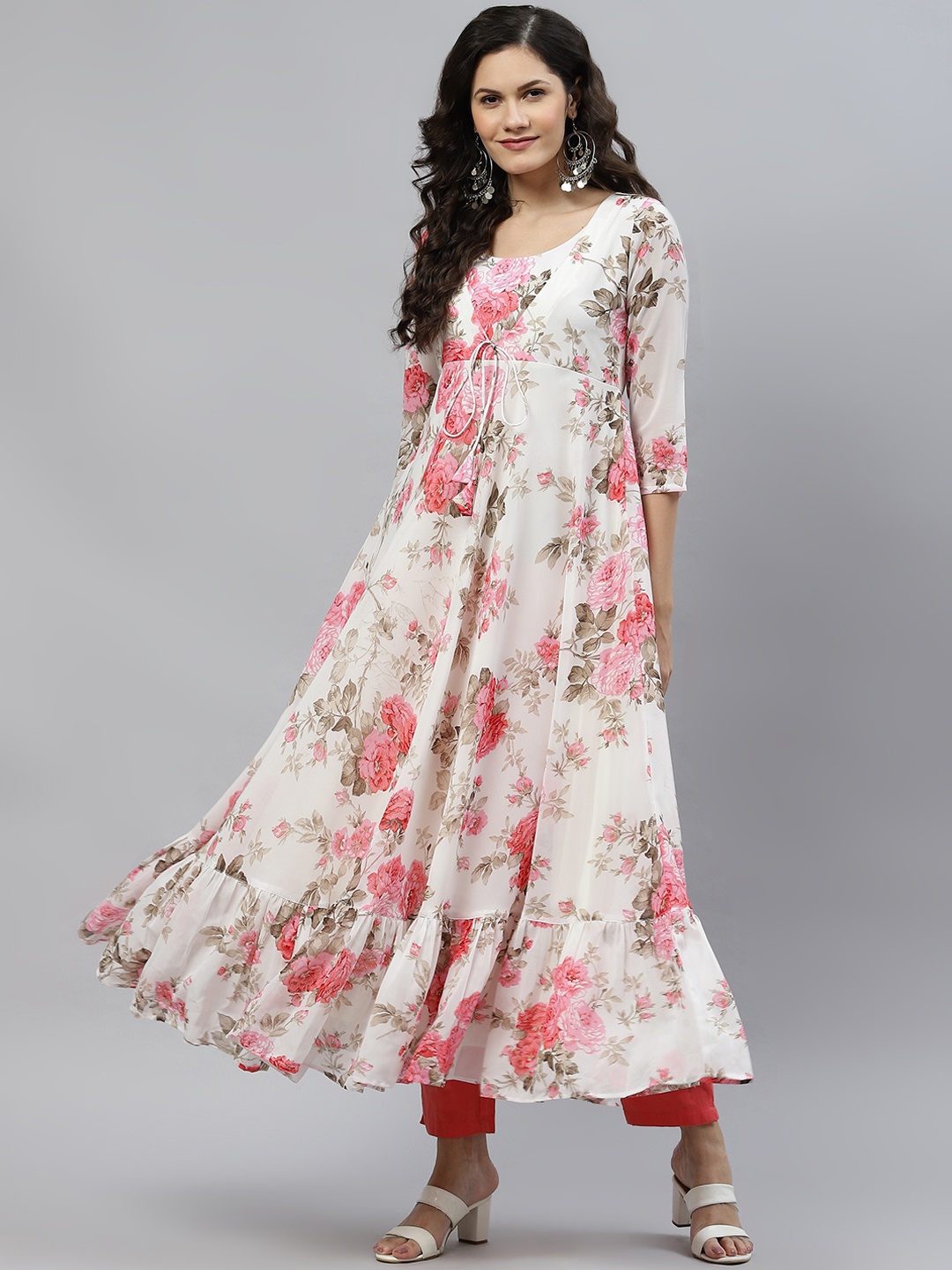 

MBE Women White & Pink Floral Print Georgette Anarkali Kurta