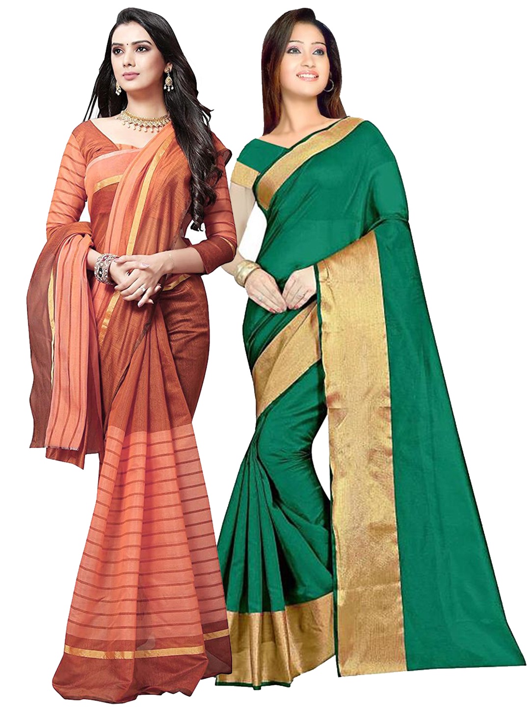 

Florence Pack of 2 Green & Peach-Coloured Zari Silk Cotton Sarees