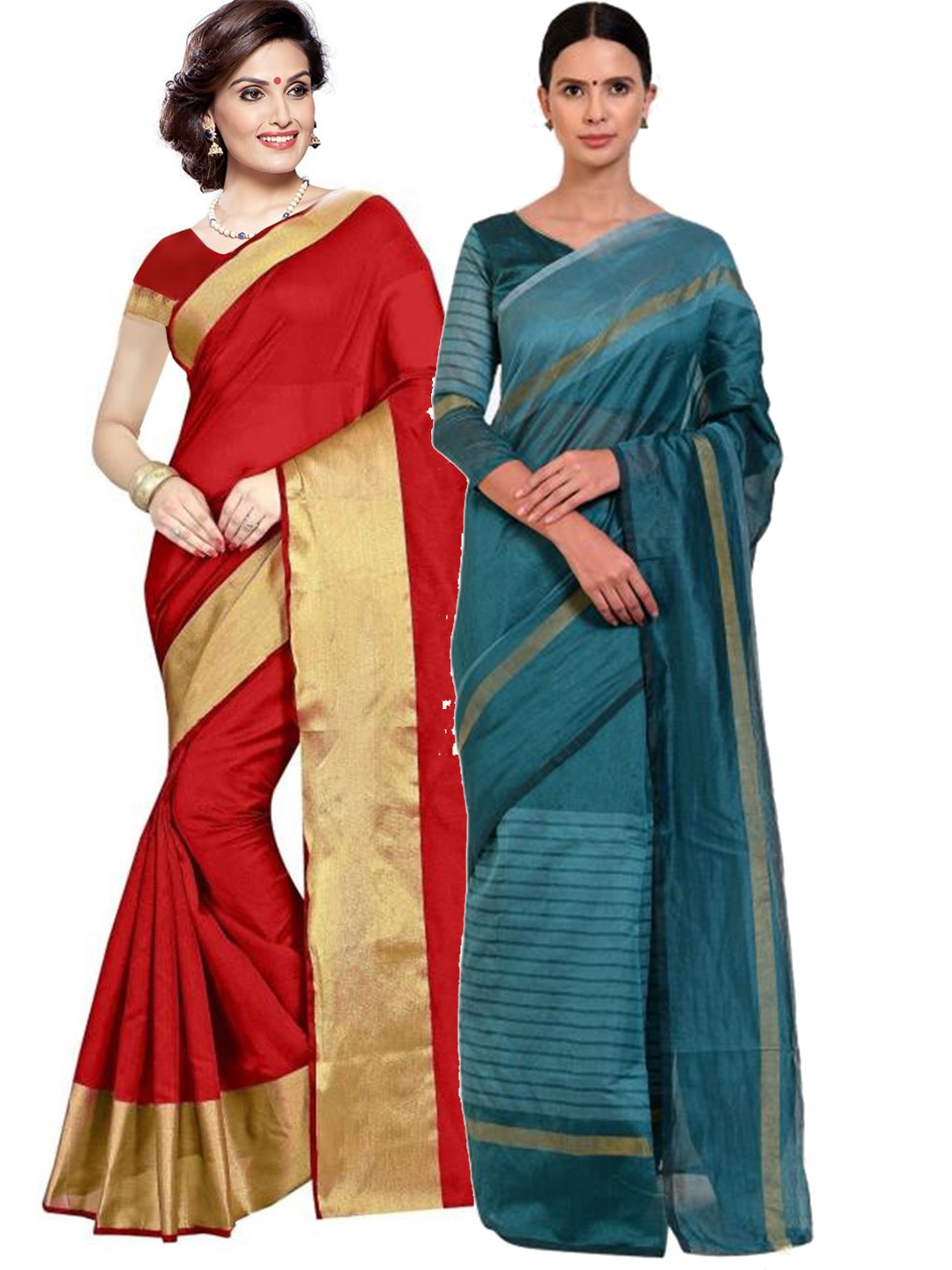 

Florence Red & Teal Striped Silk Cotton Saree