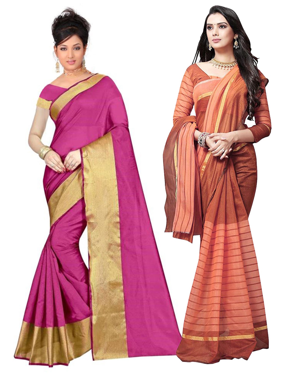 

Florence Pack of 2 Pink & Peach-Coloured Striped Silk Cotton Sarees