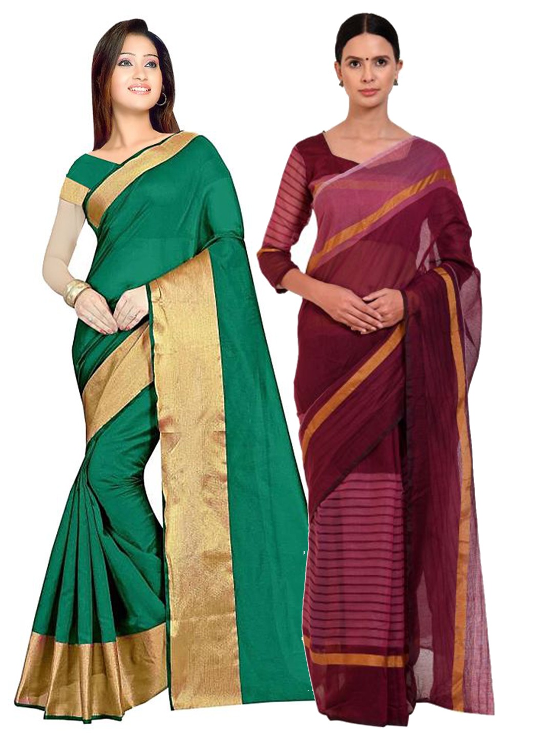 

Florence Pack of 2 Green & Burgundy Zari Silk Cotton Sarees