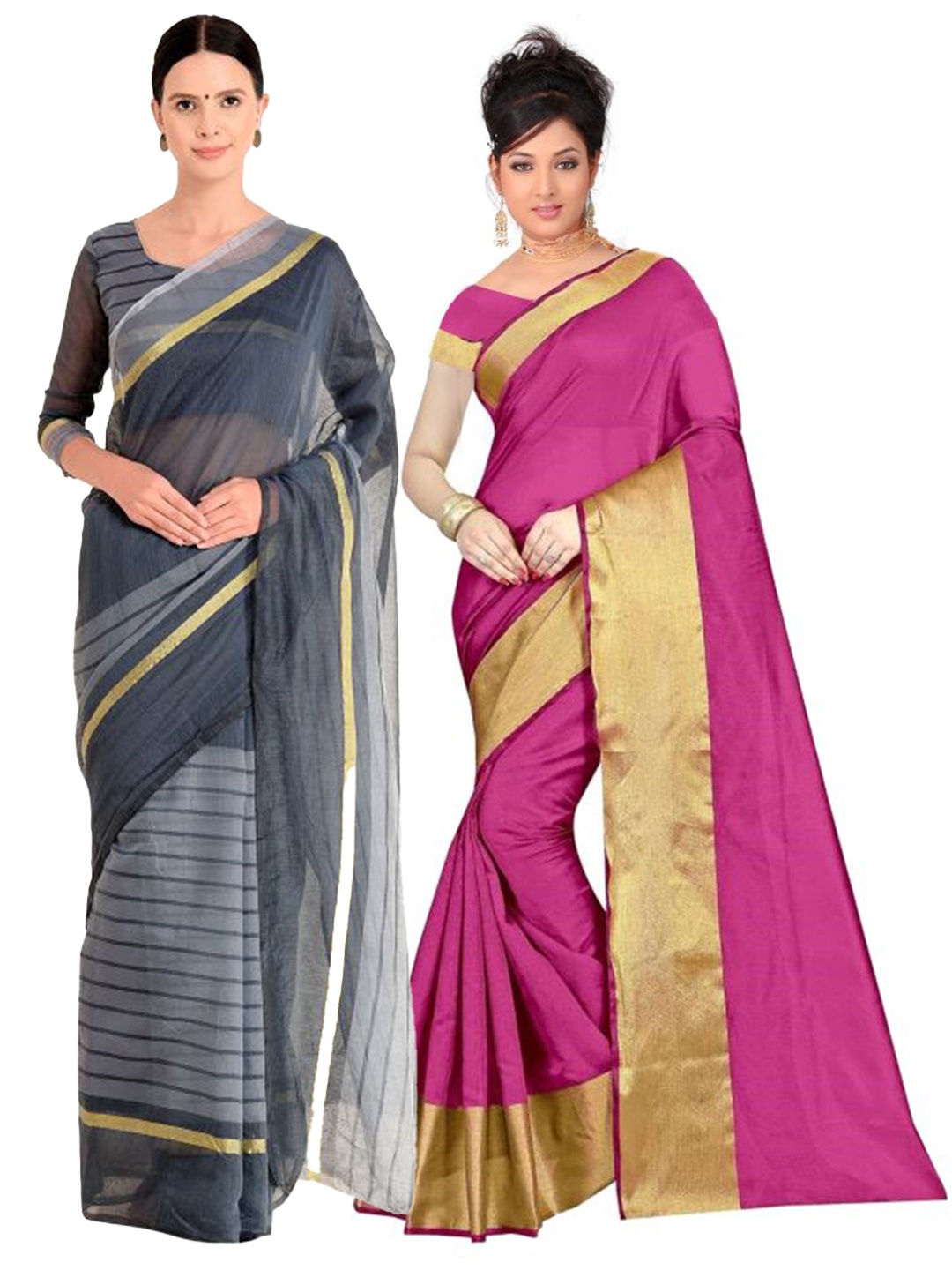 

Florence Pack of 2 Pink & Grey Striped Silk Cotton Sarees