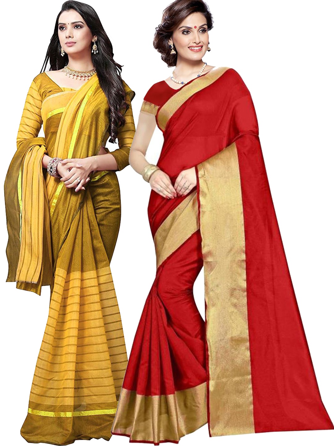 

Florence Pack of 2 Red & Mustard Yellow Zari Silk Cotton Sarees