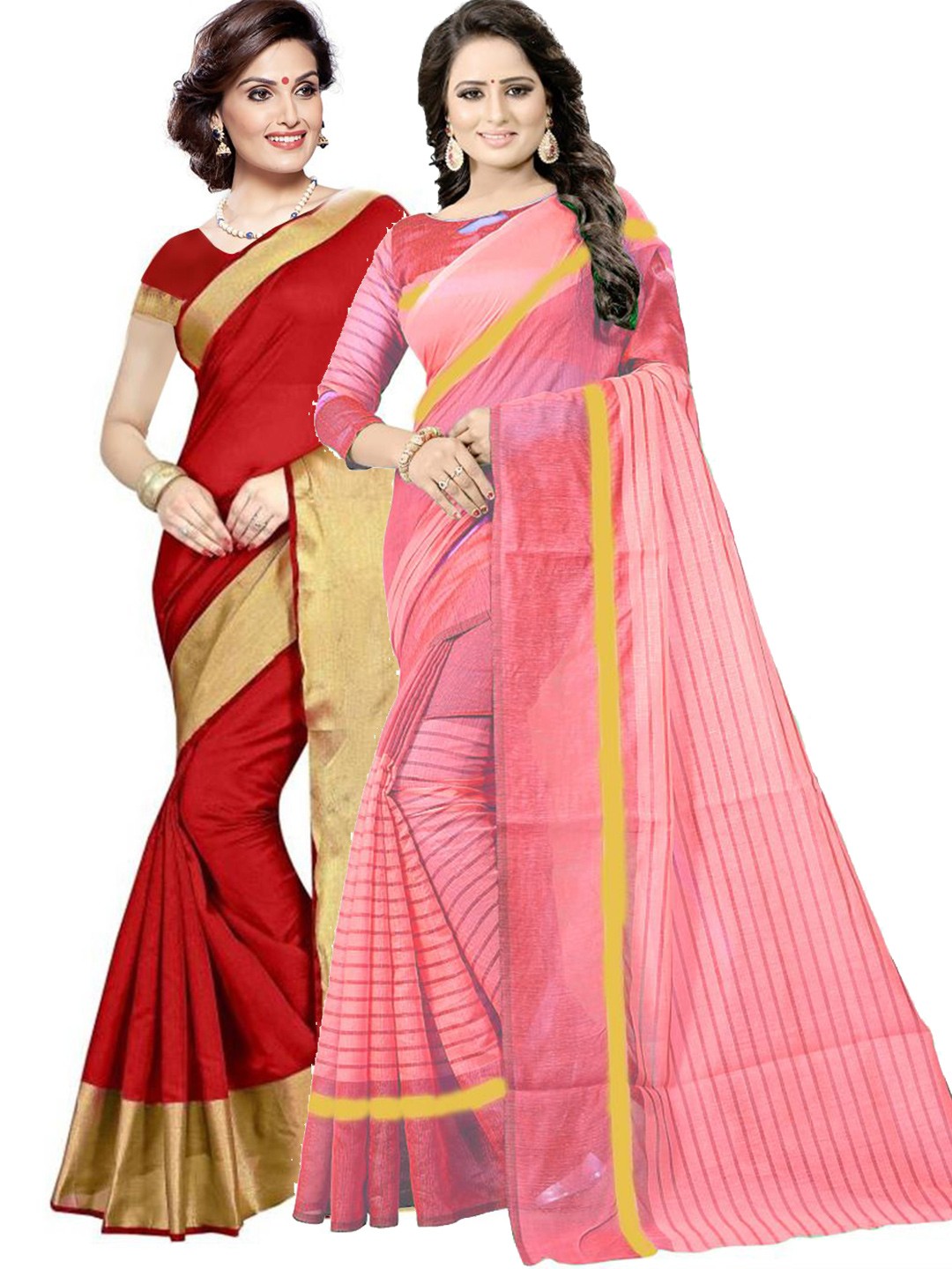 

Florence Pack of 2 Red & Peach-Coloured Striped Silk Cotton Sarees