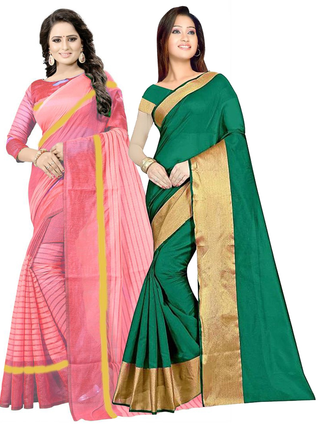 

Florence Green & Peach-Coloured Striped Silk Cotton Saree