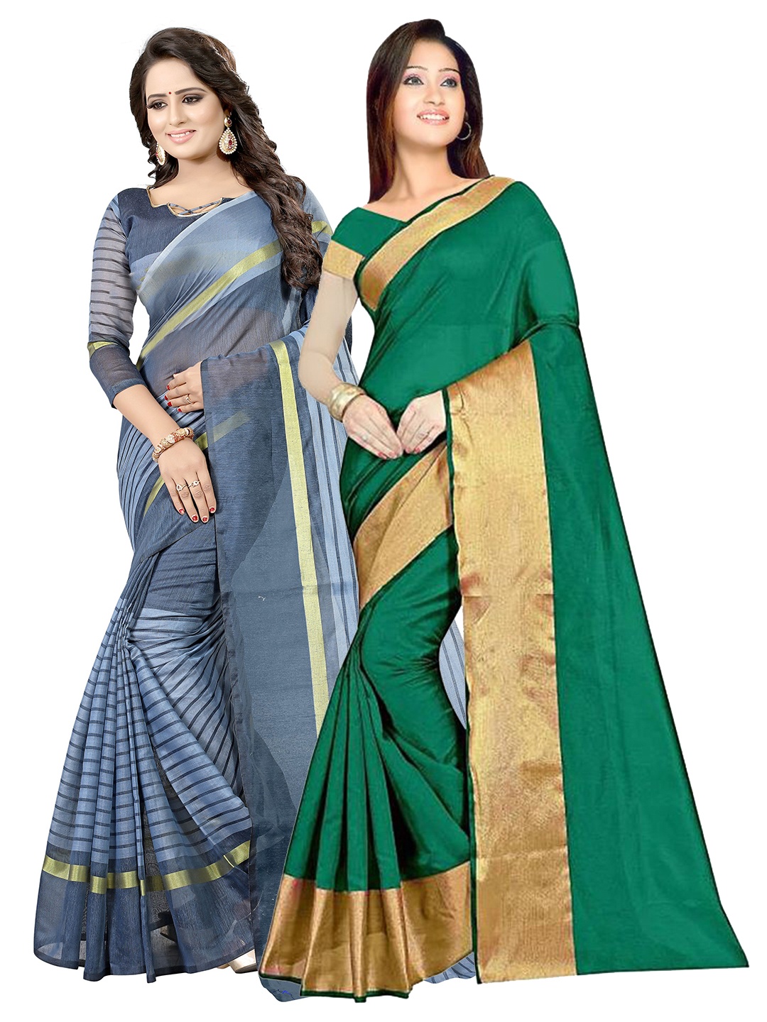 

Florence Pack of 2 Green & Grey Zari Silk Cotton Sarees