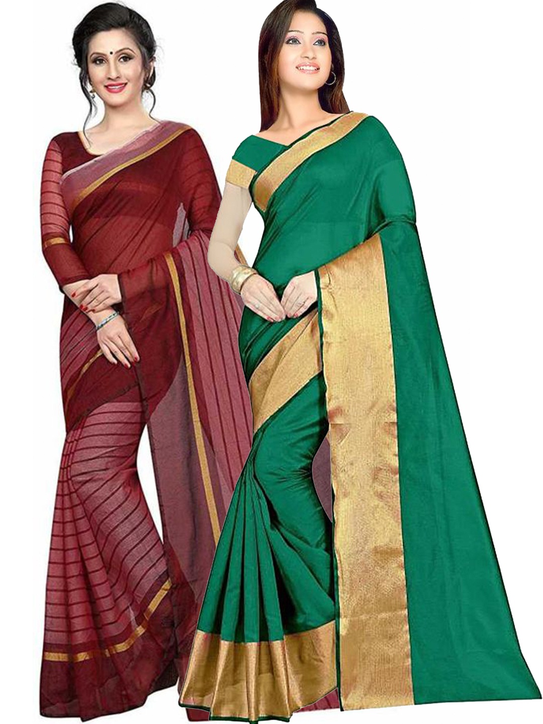 

Florence Pack of 2 Green & Maroon Zari Silk Cotton Sarees