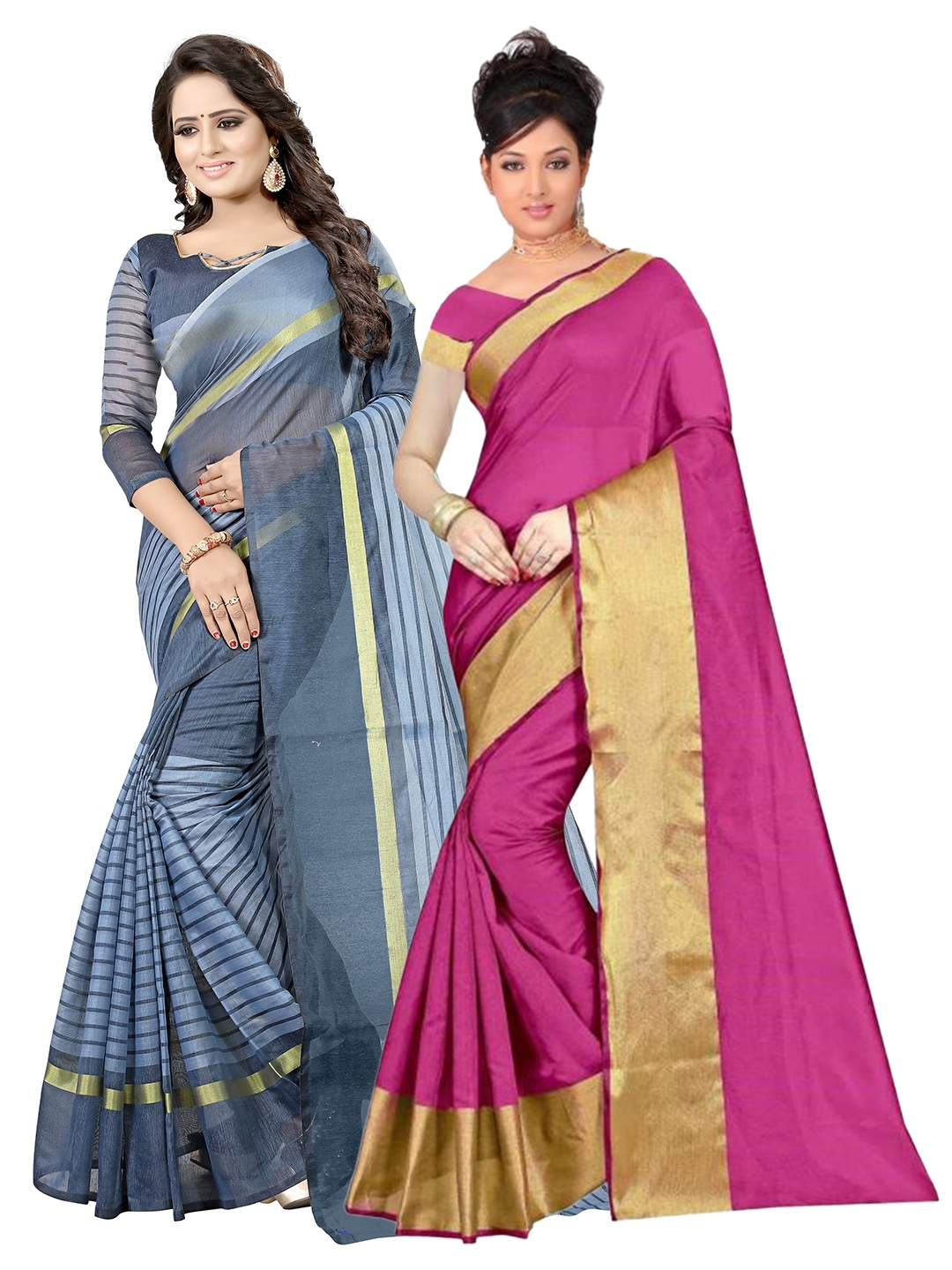 

Florence Pack of 2 Pink & Grey Striped Silk Cotton Sarees