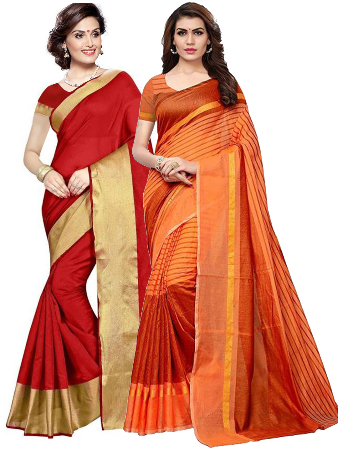 

Florence Pack of 2 Red & Orange Zari Silk Cotton Sarees