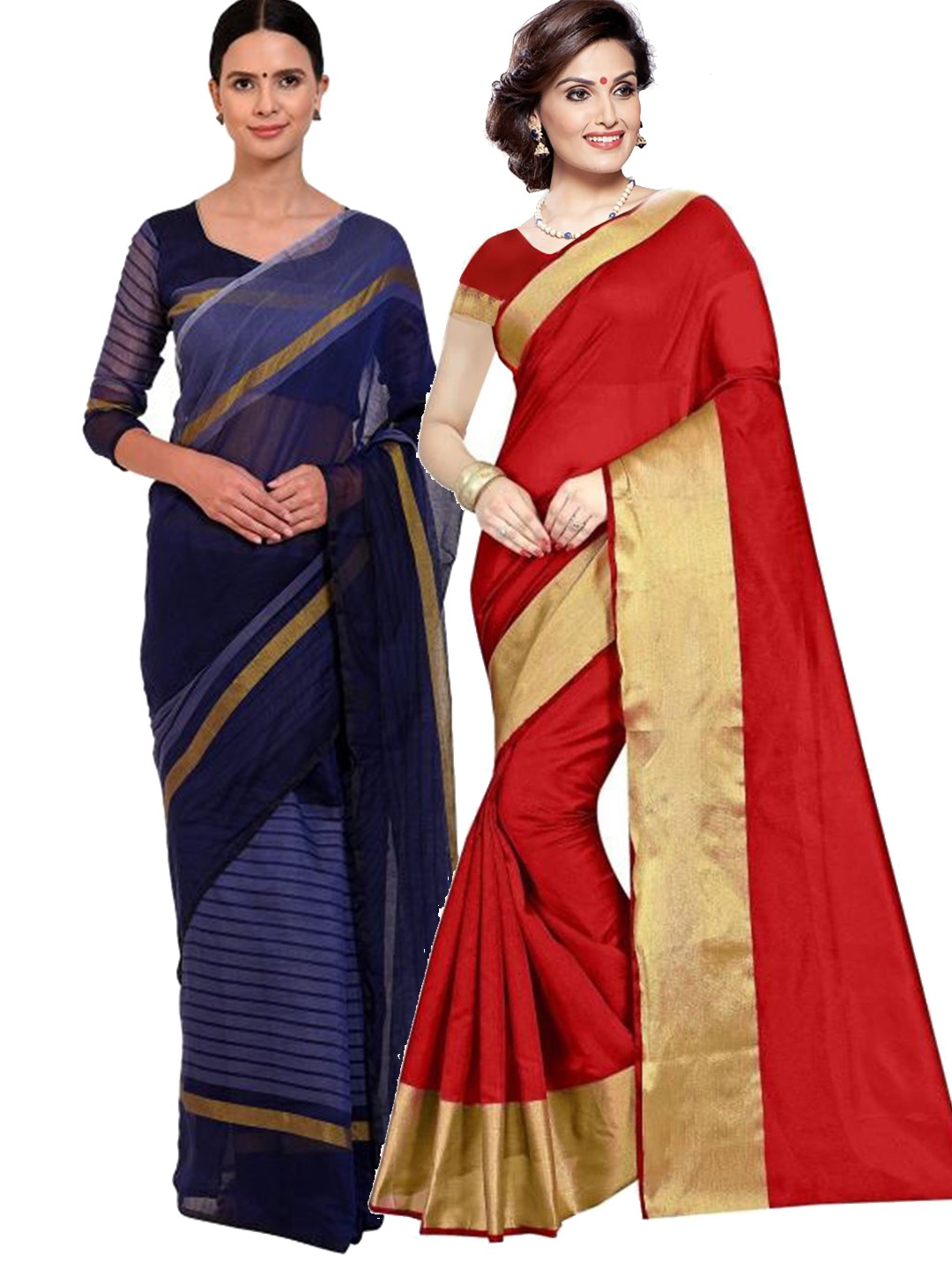 

Florence Pack of 2 Red & Navy Blue Striped Silk Cotton Sarees