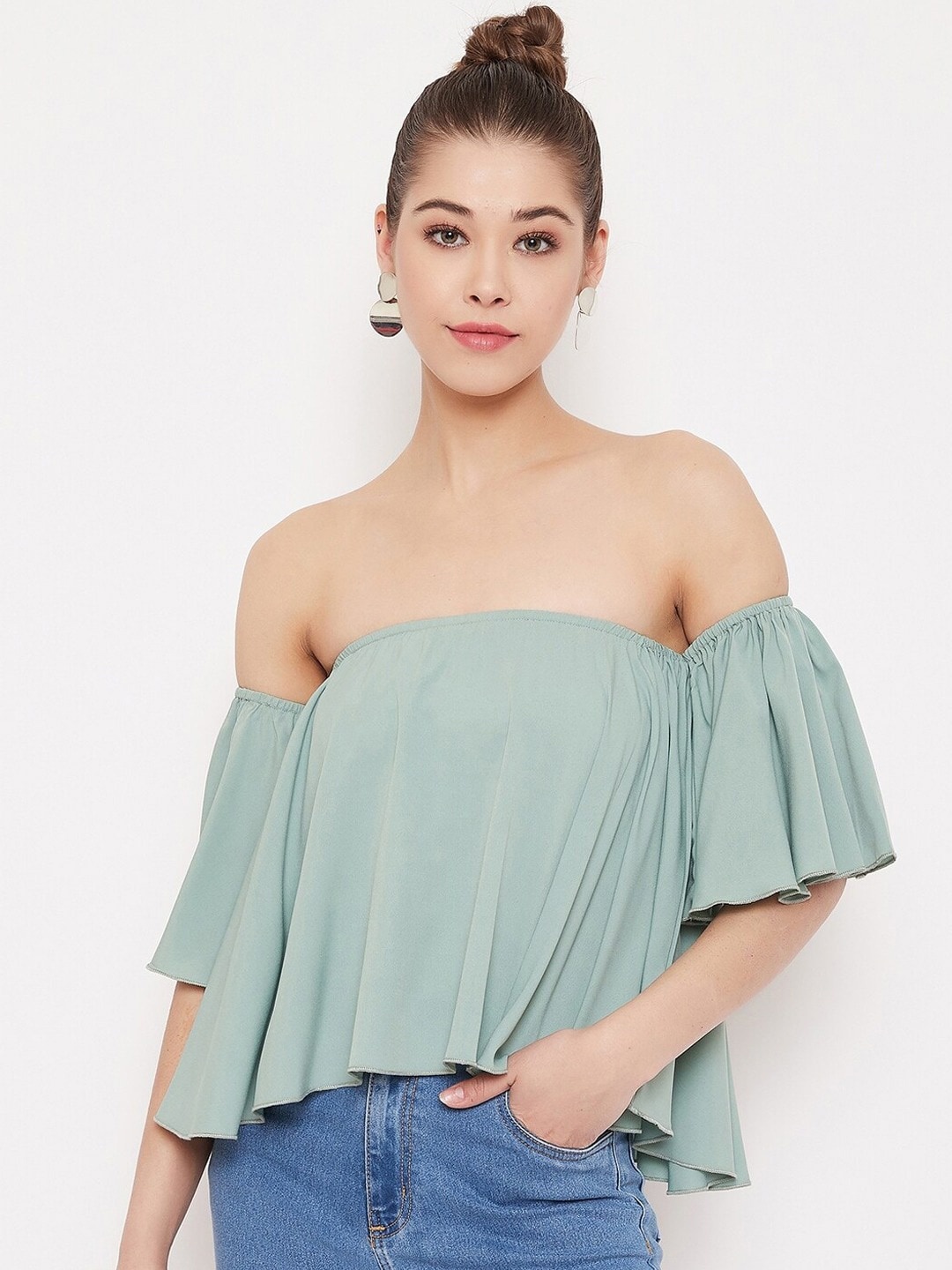

Berrylush Green Off-Shoulder Crepe Bardot Top