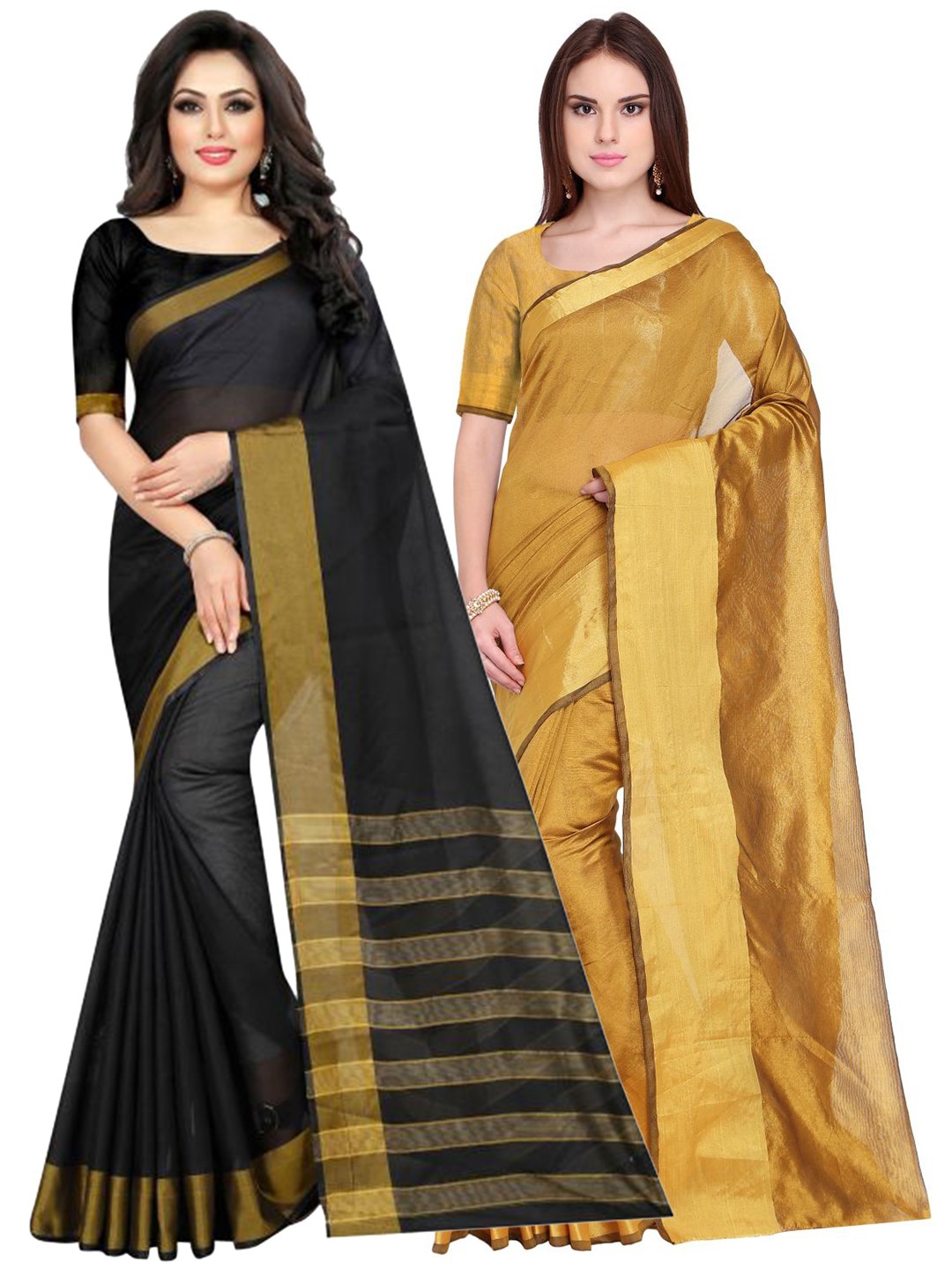 

Florence Pack of 2 Golden & Black Zari Silk Cotton Sarees, Gold