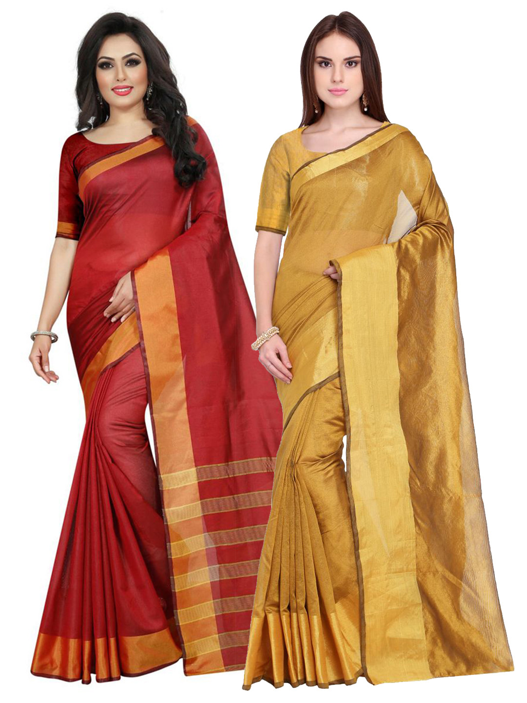 

Florence Pack of 2 Golden & Maroon Zari Silk Cotton Sarees, Gold