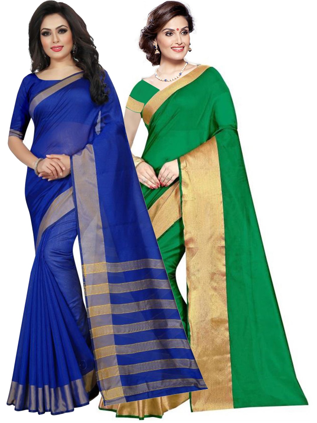 

Florence Pack of 2 Green & Blue Zari Silk Cotton Sarees
