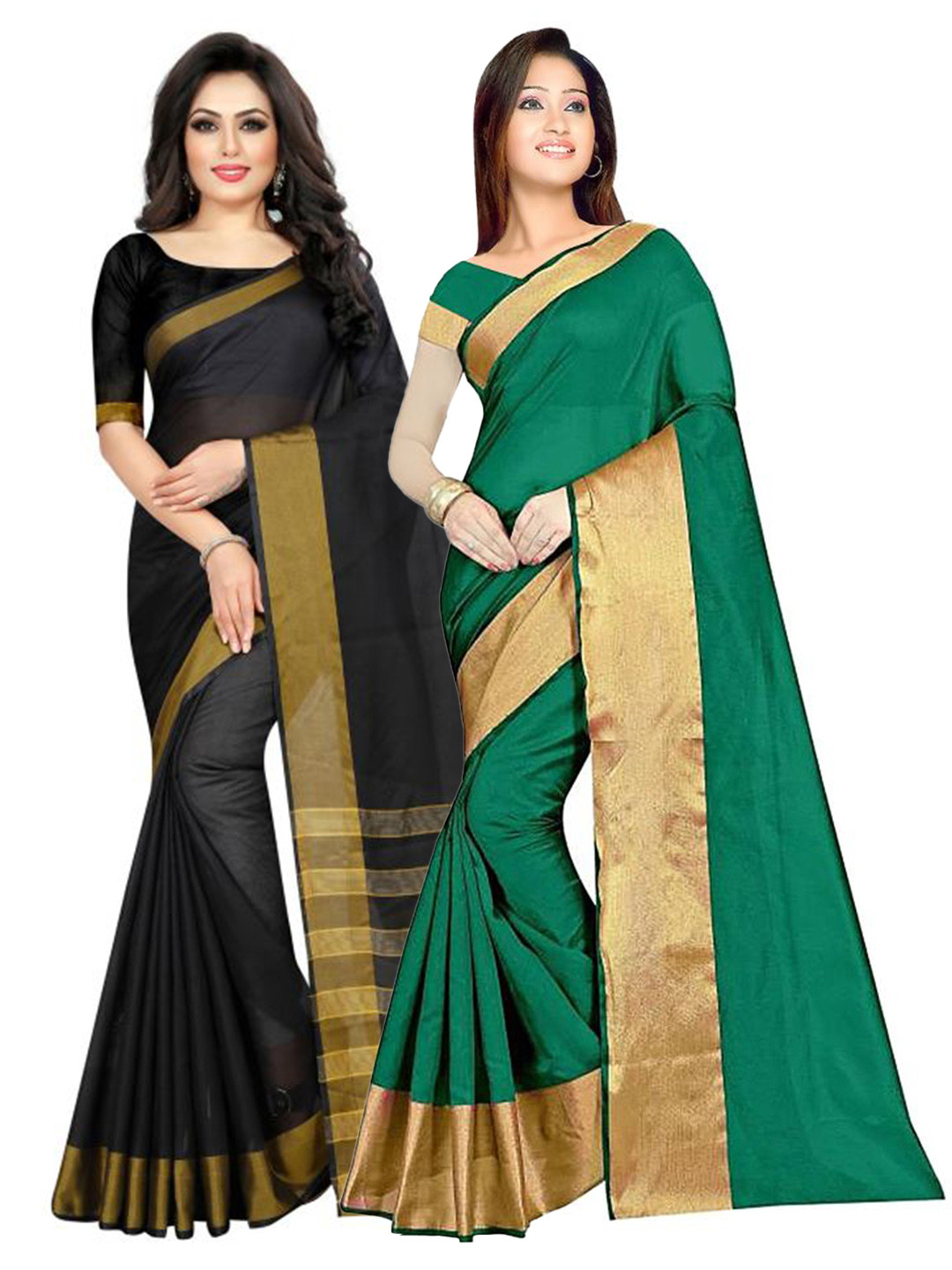

Florence Pack of 2 Green & Black Zari Silk Cotton Sarees