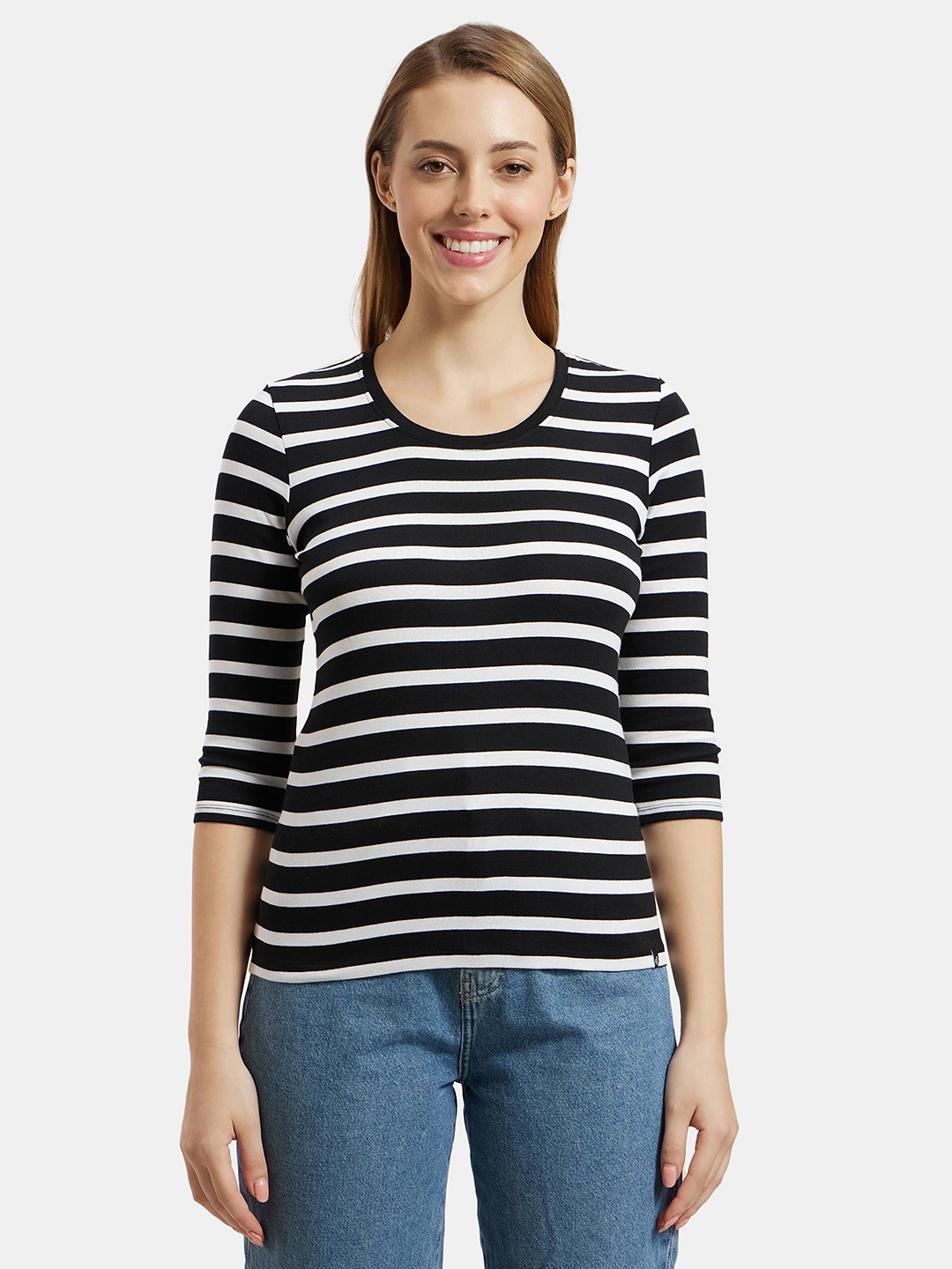 

Jockey Women Black & White Striped Cotton Regular Fit T-shirt