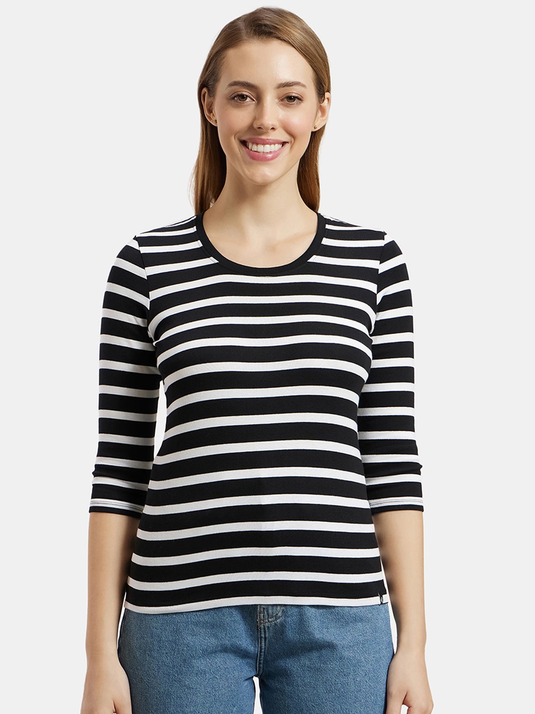 

Jockey Women Black & White Striped Cotton Regular Fit T-shirt