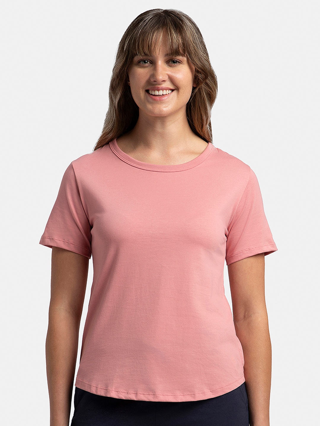 

Jockey Super Combed Cotton Rich Relaxed Fit Curved Hem Styled Half Sleeve Tshirt -AW88, Pink