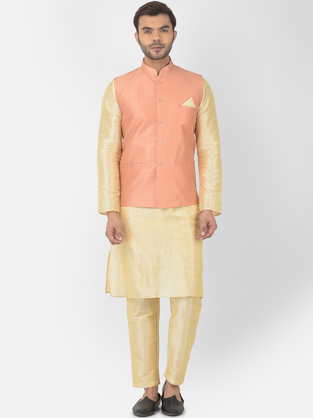 

DEYANN Men Peach-Coloured & Beige Kurta Pyjama With Nehru Jacket